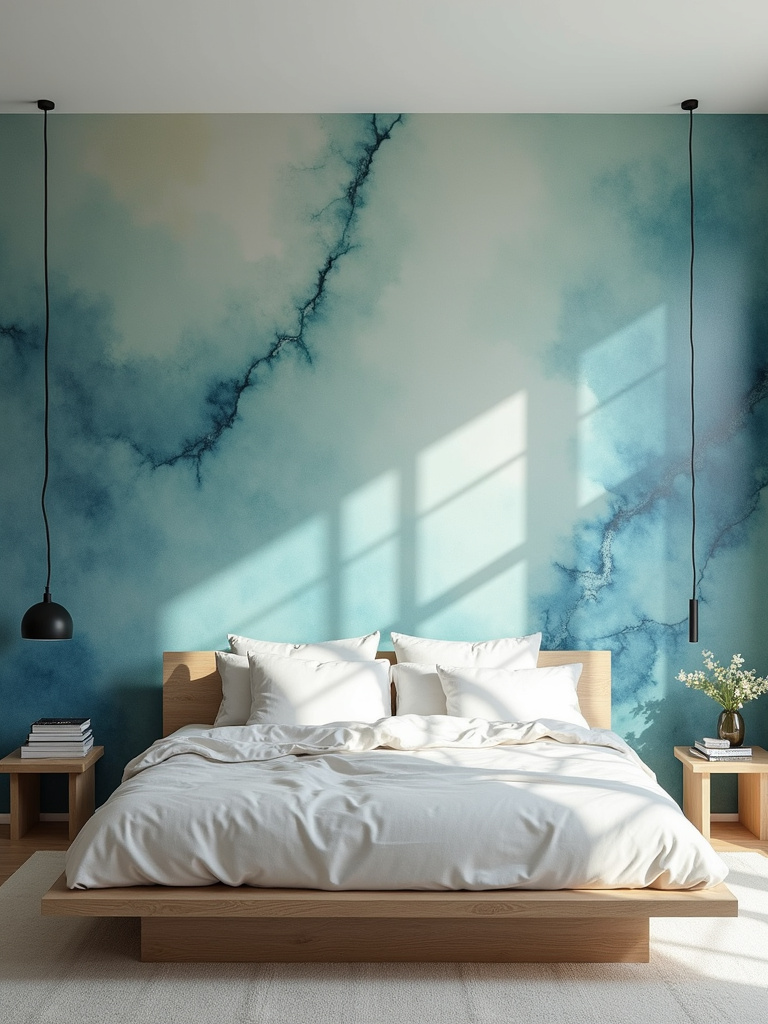 Modern bedroom with an abstract watercolor wallpaper statement wall and minimalist furniture.