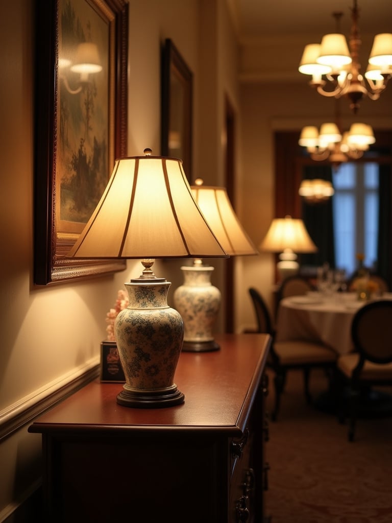 Table lamps on a sideboard providing soft accent lighting in a dining room.
