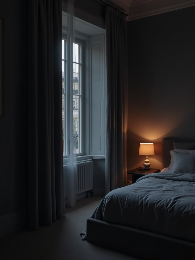 A modern bedroom featuring dark gray blackout curtains completely drawn, creating a dim and restful environment illuminated only by the soft glow of a bedside lamp.