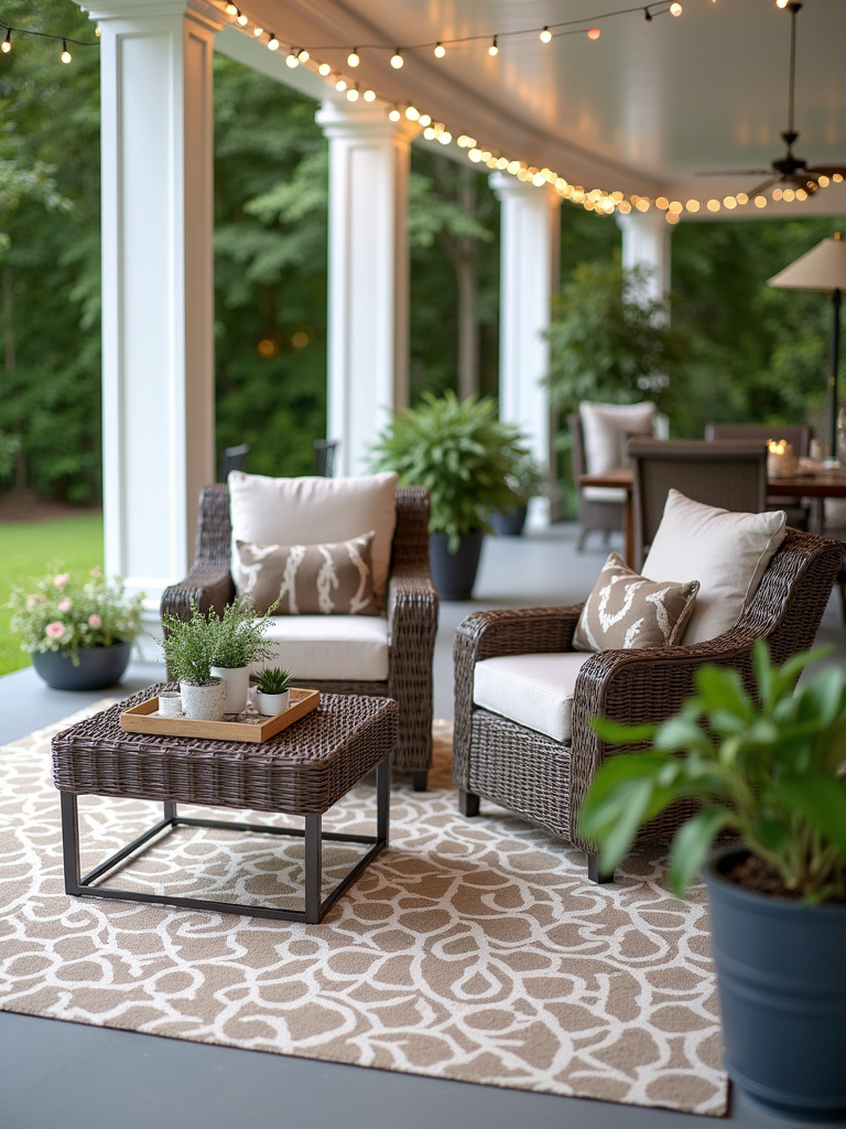 A stylish patterned outdoor rug anchors a back porch seating area with wicker furniture and potted plants.
