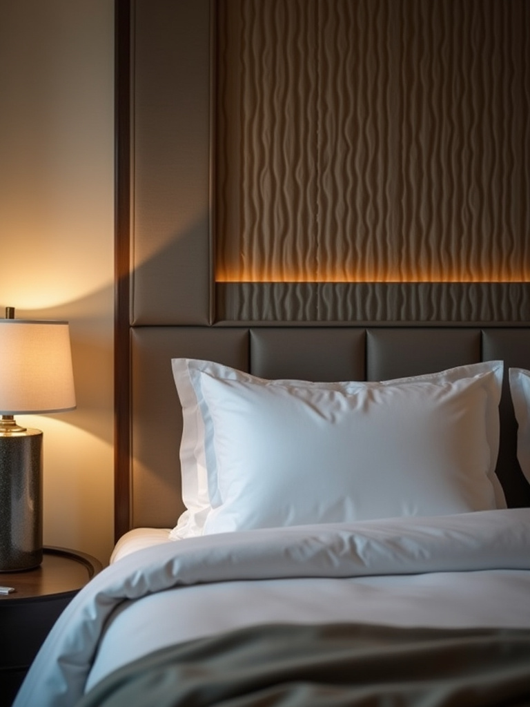 A sophisticated bedroom featuring a textured wallpaper accent wall behind the bed.