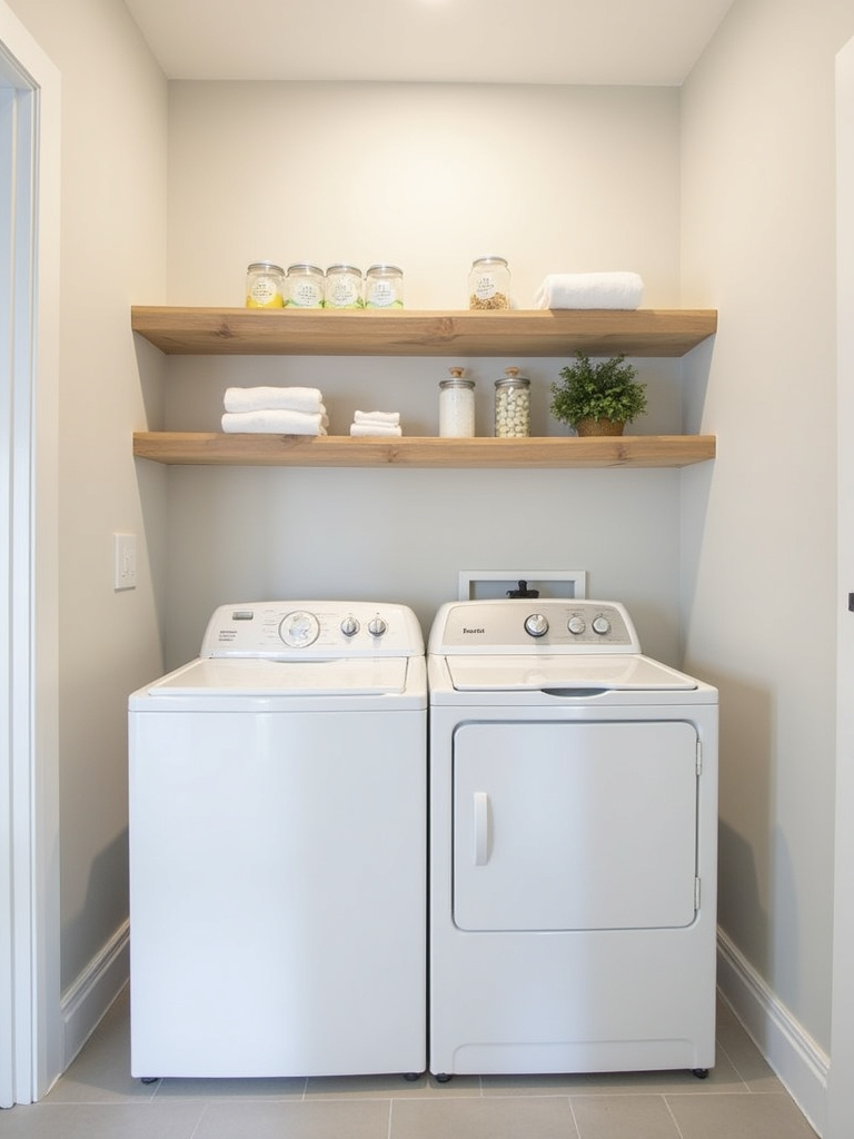 Modern minimalist laundry bathroom with light wood open shelving for storage.