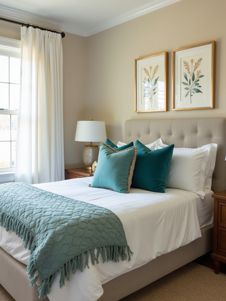 An eclectic bedroom with a neutral base color scheme enlivened by pops of teal and gold accent colors in throw pillows, a blanket, and framed artwork, bathed in soft natural light.
