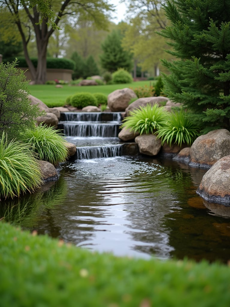 A water feature lawn garden with a small pond surrounded by lush green plants and rocks, reflecting the sky.