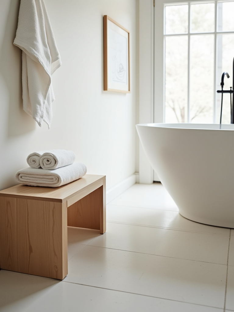 Minimalist bathroom with a light wood bench next to a freestanding bathtub, adding comfort and a decorative touch.