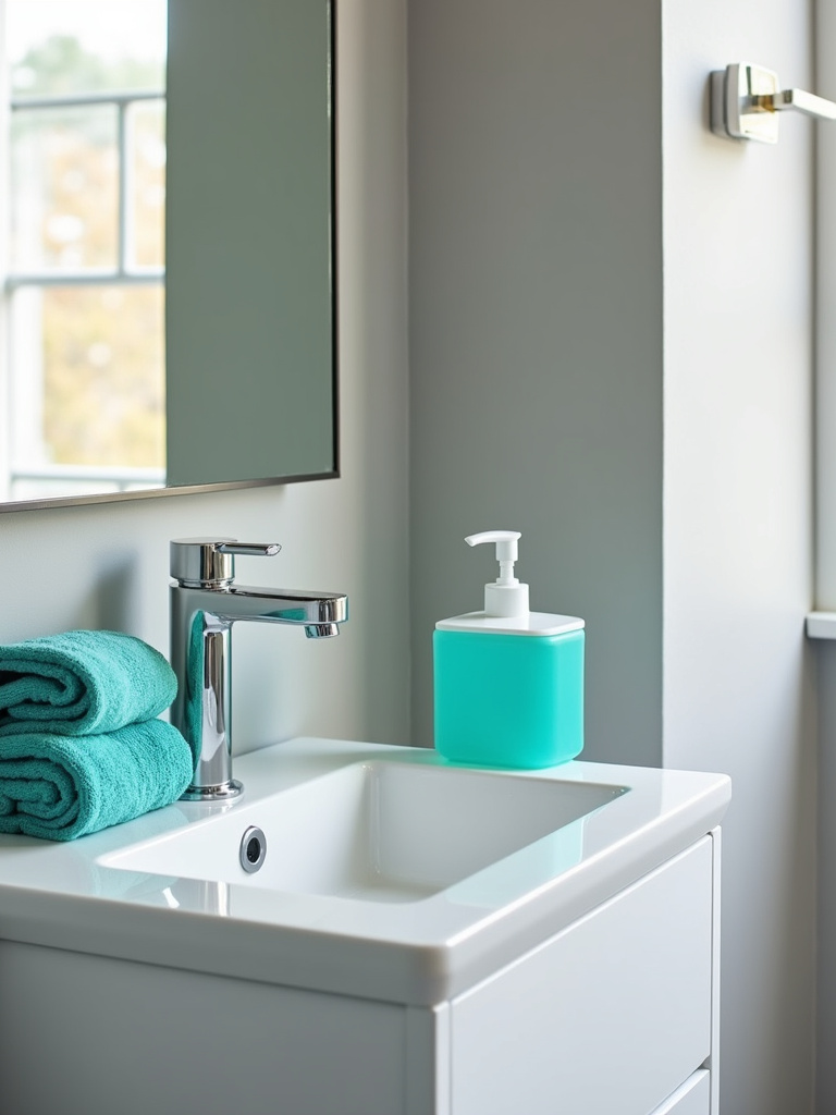 Bathroom with bright turquoise towels and accessories adding a pop of color to a neutral grey and white bathroom.