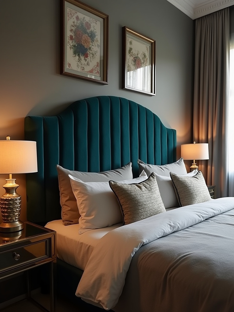 A glam bedroom featuring a statement deep jewel-tone velvet headboard as a focal point, enhanced by soft ambient lighting from bedside lamps and metallic accents.