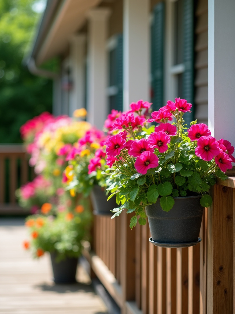 Colorful hanging baskets with petunias and geraniums add a whimsical touch to a back porch railing.