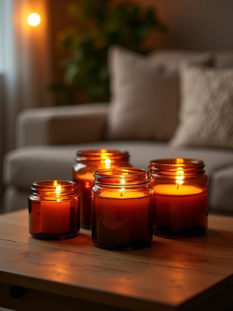 Collection of amber jar scented candles on a wooden coffee table, creating a warm and inviting ambiance.