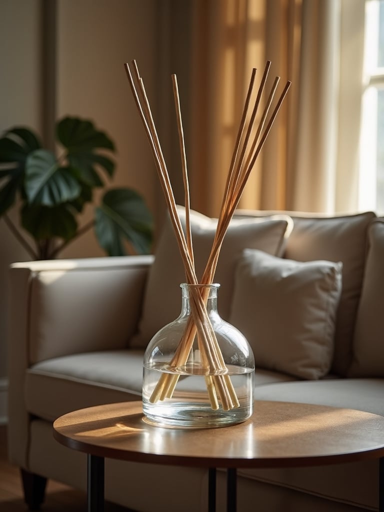 Reed diffuser in an elegant glass vessel for ambient scenting in a luxury living room.
