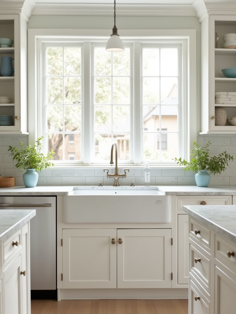 Bright and elegant traditional kitchen with antique white cabinets, marble countertops, and subway tile backsplash.