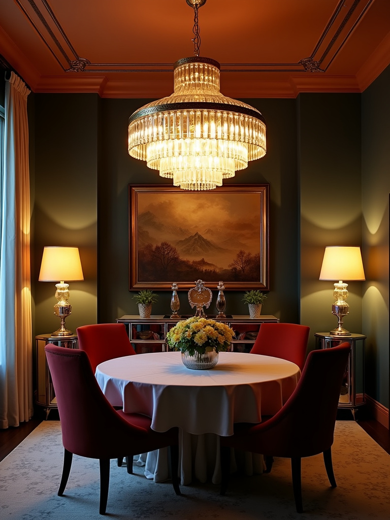 “Art Deco chandelier with geometric glass panels and polished brass accents in an Art Deco dining room with jewel-toned walls.”