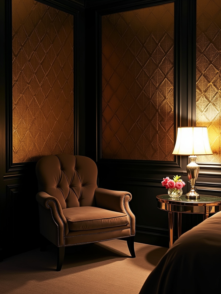 Art Deco bedroom with black and gold geometric wallpaper, velvet armchair, and vintage lamp.