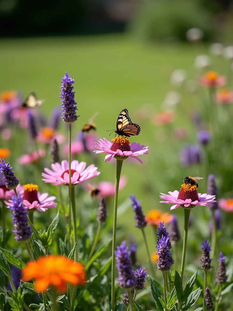 A butterfly and bee garden lawn area filled with colorful flowers like lavender, coneflowers, and bee balm with butterflies and bees visible.