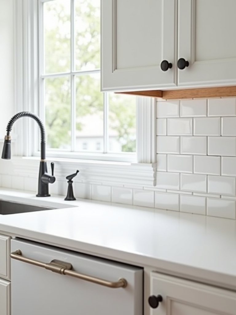 Traditional kitchen with white cabinets and a classic white subway tile backsplash.