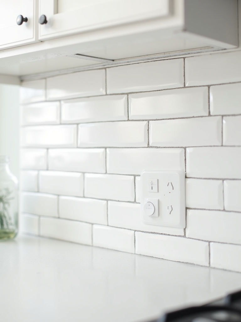 A white subway tile backsplash with dark grout in a white kitchen, creating a subtle contrast.