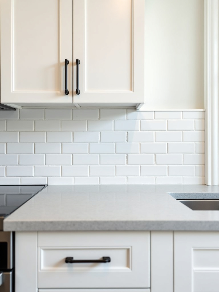 Cohesive kitchen design with a white subway tile backsplash acting as a backdrop for white shaker cabinets, creating a unified and harmonious look.