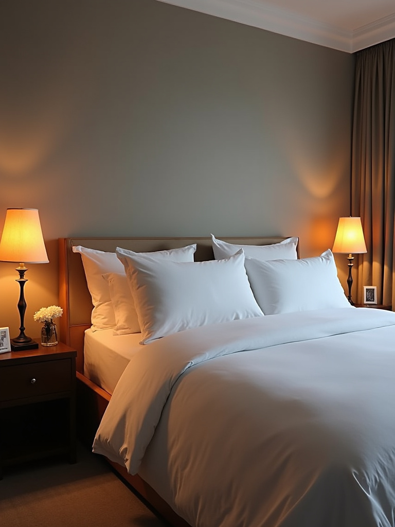 A modern minimalist bedroom showcasing a king-size bed with balanced his and hers dark wood nightstands, each illuminated by warm tungsten bedside lamps and adorned with simple, contrasting white bedding.