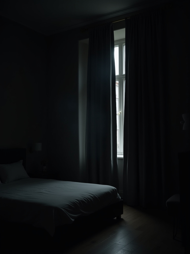 A dark and cozy bedroom with thick blackout curtains completely blocking out sunlight.