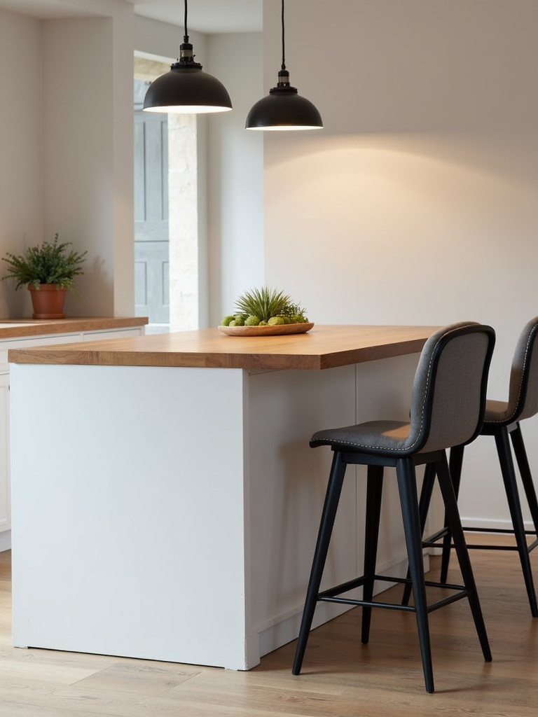 Modern kitchen island with comfortable bar stools featuring black metal frames and upholstered backs.
