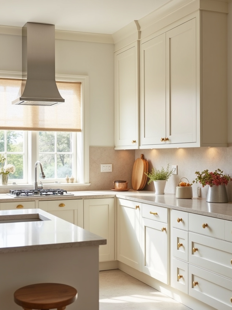 A sophisticated off-white kitchen with creamy white cabinets, light beige walls, and warm gold hardware.