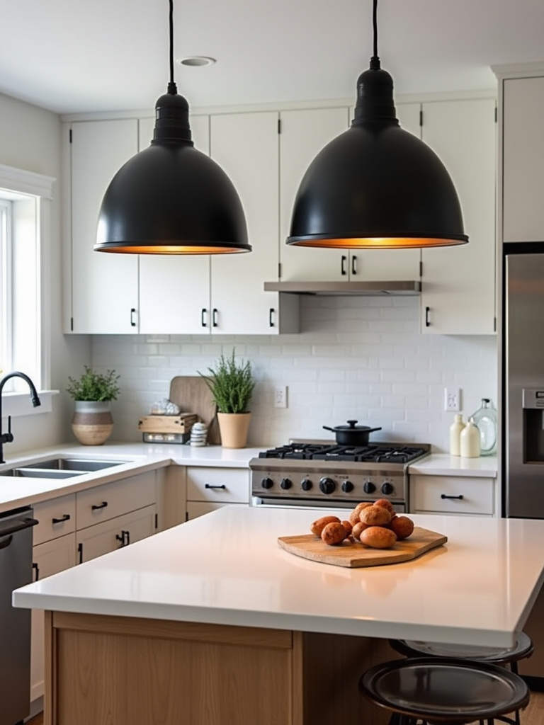 Black metal pendant lights providing a modern contrast in a white and wood kitchen.