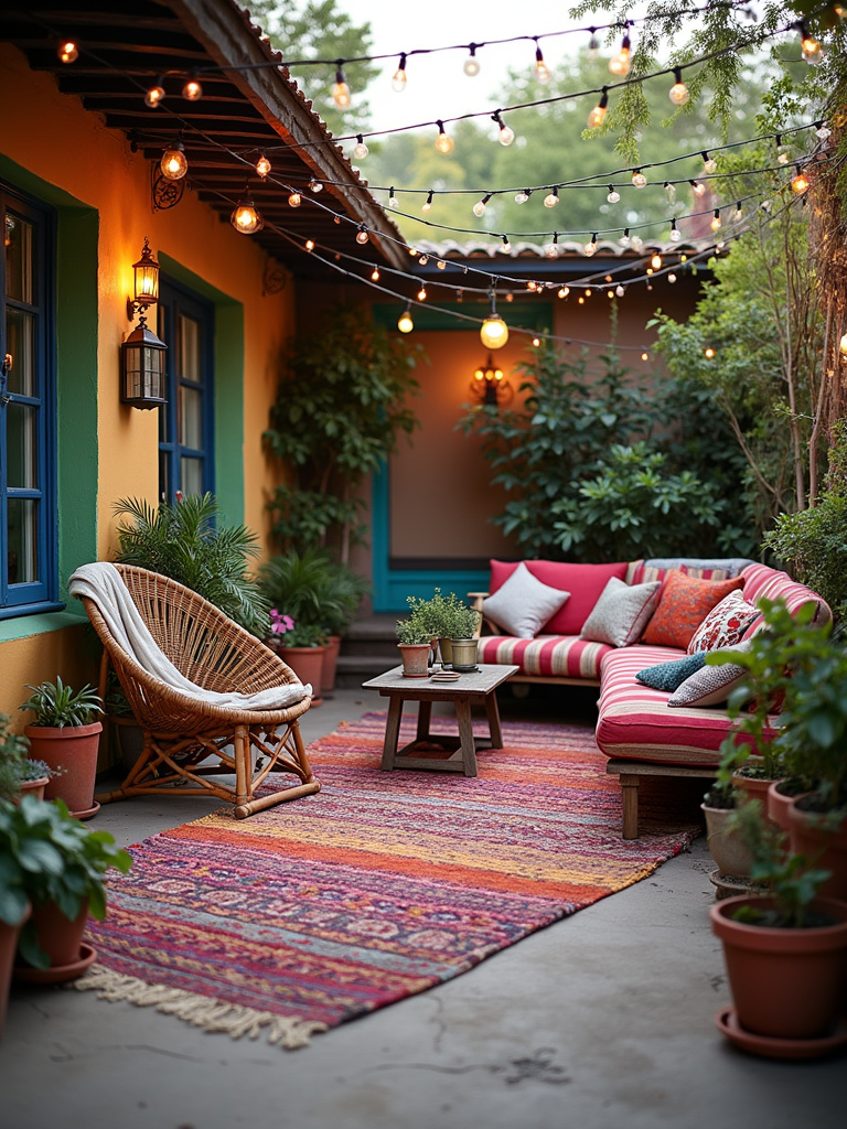 Eclectic Bohemian patio with colorful rugs, vintage furniture, string lights, and warm evening light.