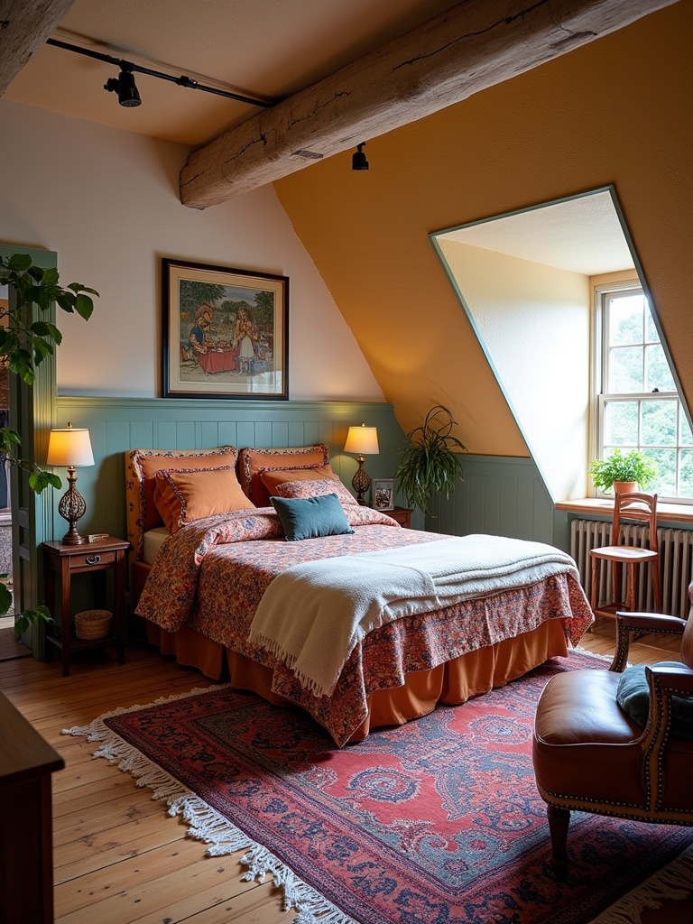 Eclectic bohemian attic bedroom with layered textiles, vibrant colors, and vintage furniture, creating a free-spirited and artistic atmosphere.