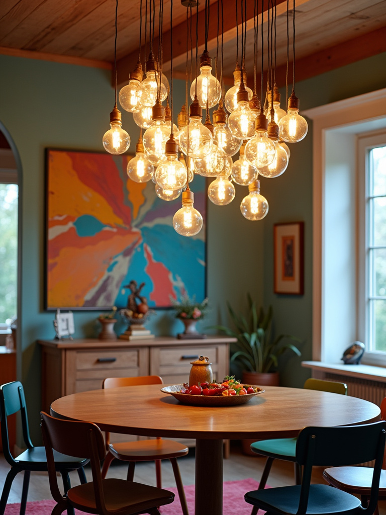 “Cluster pendant light arrangement with glass globe pendants in a modern-eclectic dining room with colorful artwork.”