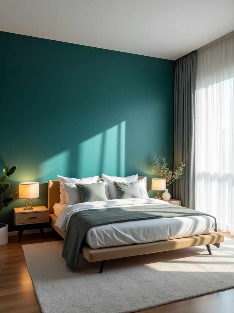A modern bedroom featuring a bold teal accent wall, minimalist furniture, and soft lighting.