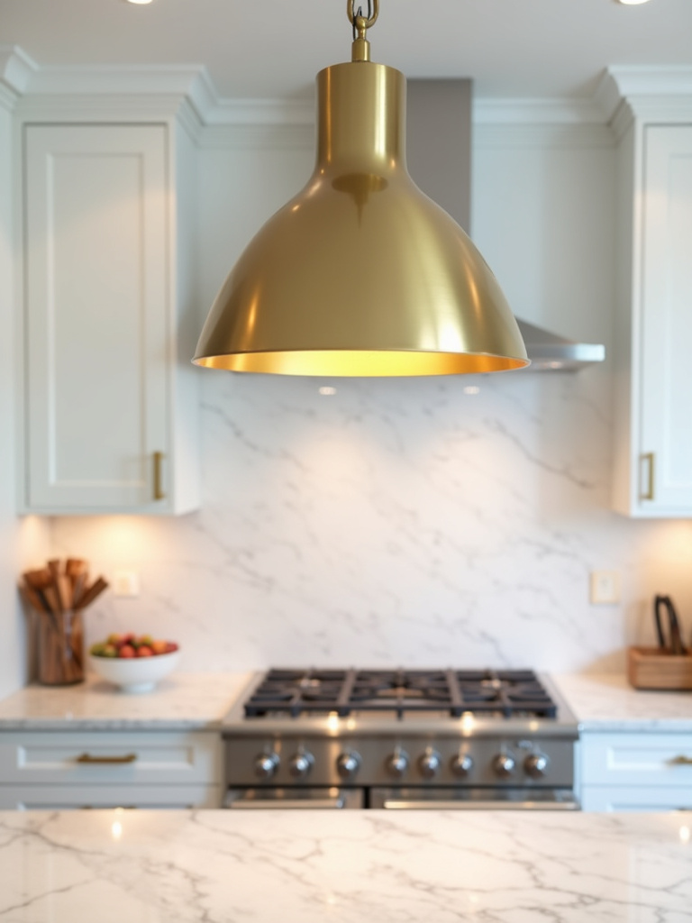 Brushed brass pendant light adding a warm and elegant accent to a white kitchen.