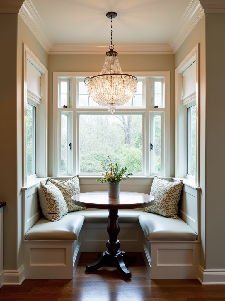 Small crystal chandelier hanging above a round wooden table in a cozy kitchen breakfast nook.