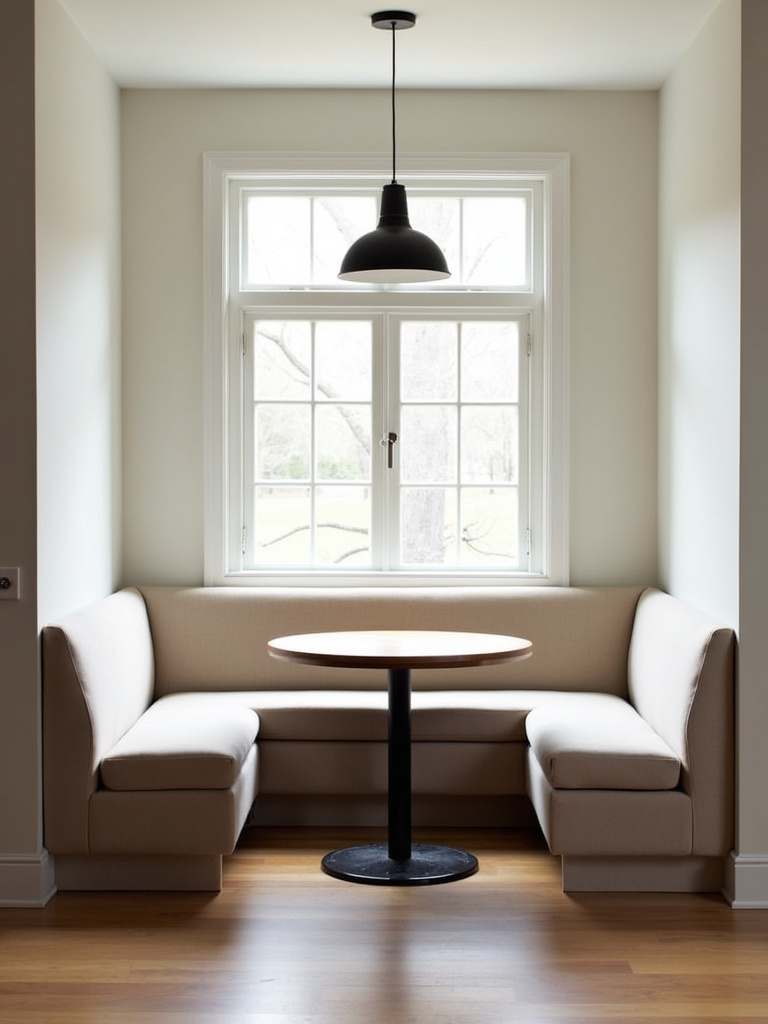 Contemporary breakfast nook with L-shaped banquette seating, round table, and modern pendant lighting in a bright kitchen.