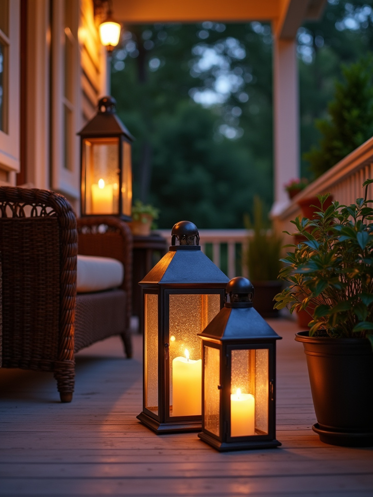 Elegant metal outdoor lanterns cast a warm candlelight glow on a back porch at twilight.