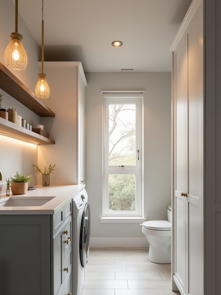Contemporary laundry bathroom with layered lighting including pendant and LED strip lights.