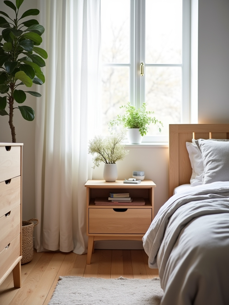 A Scandinavian-style bedroom featuring light wood furniture and abundant natural light.