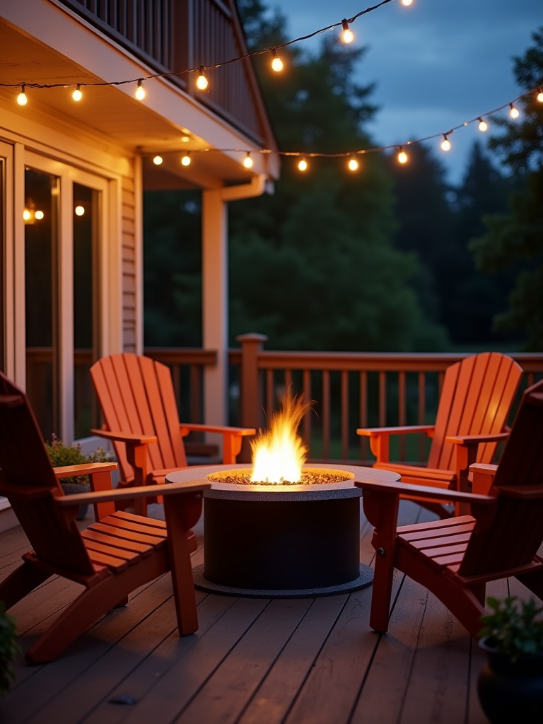 An outdoor propane fire pit brings warmth and a cozy ambiance to a back porch seating area at dusk.