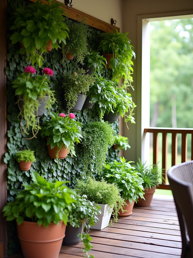 A lush vertical garden covers a section of a back porch wall, bringing vibrant greenery and life to the space.