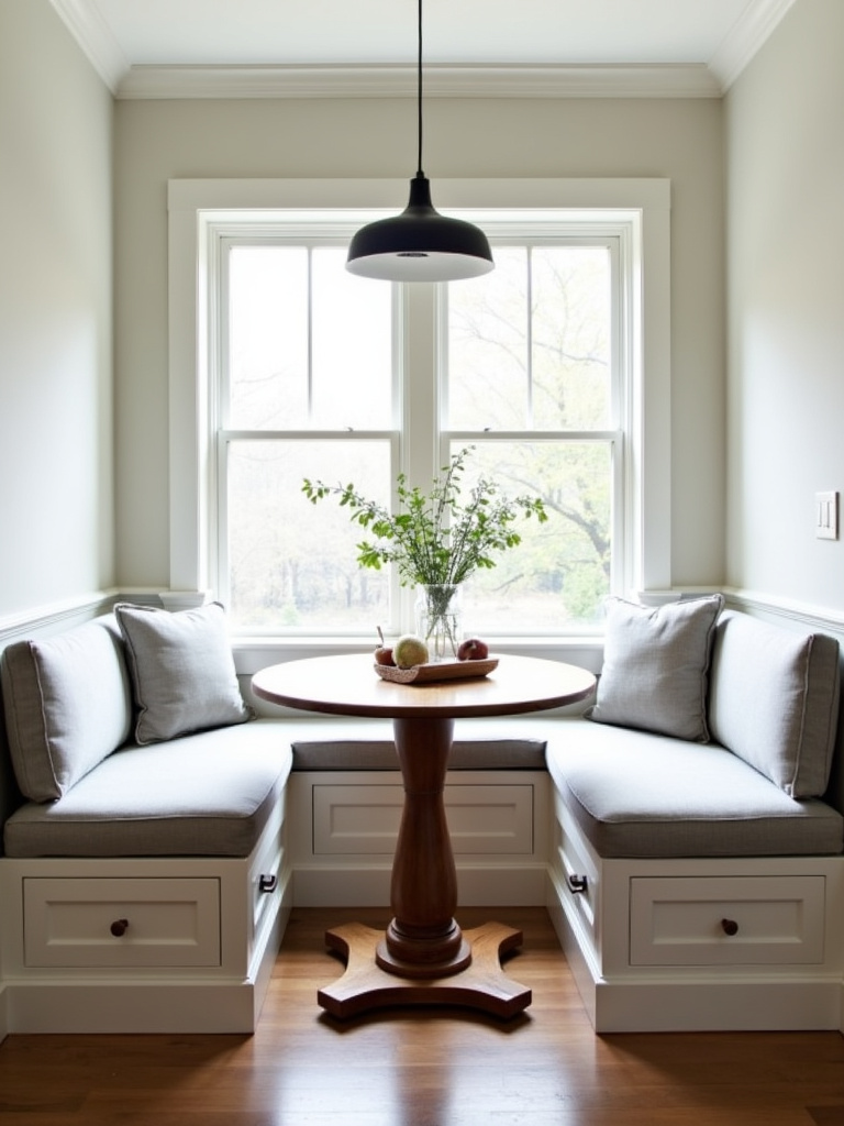 Cozy kitchen nook with built-in banquette seating in light gray linen, featuring storage drawers underneath.