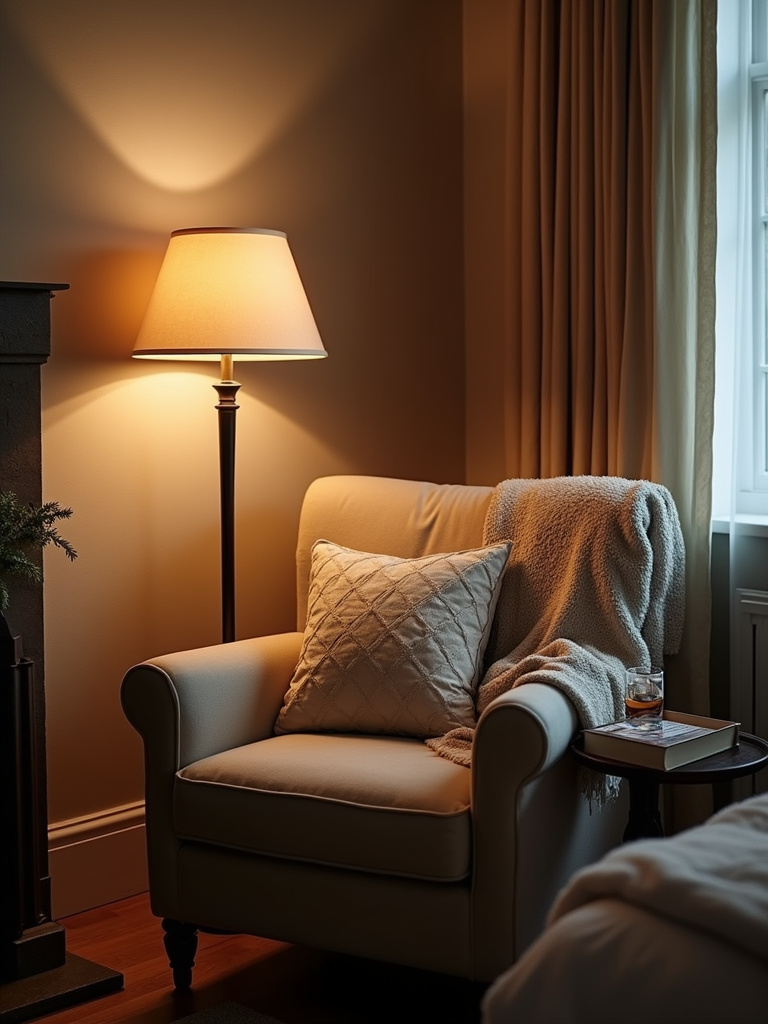 A cozy reading corner in a bedroom featuring an armchair, floor lamp, and side table with books.