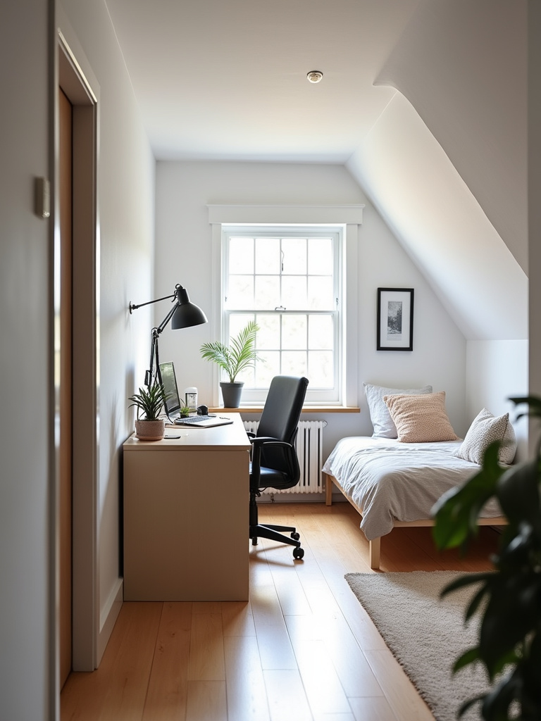 Productive workspace carved out in an attic bedroom, featuring a desk positioned by a window to maximize natural light and minimalist furniture for a clean and organized environment.