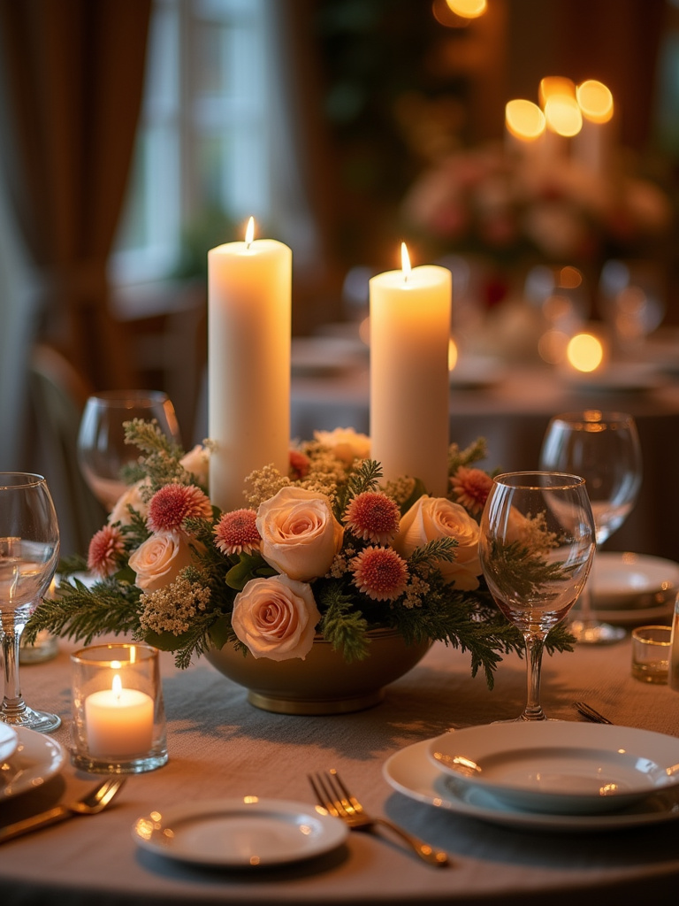 An elegant dining table centerpiece arrangement featuring candles, flowers, and decorative objects under soft, warm candlelight.