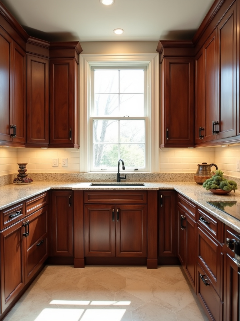 Elegant traditional kitchen with rich cherry wood cabinets and light granite countertops.