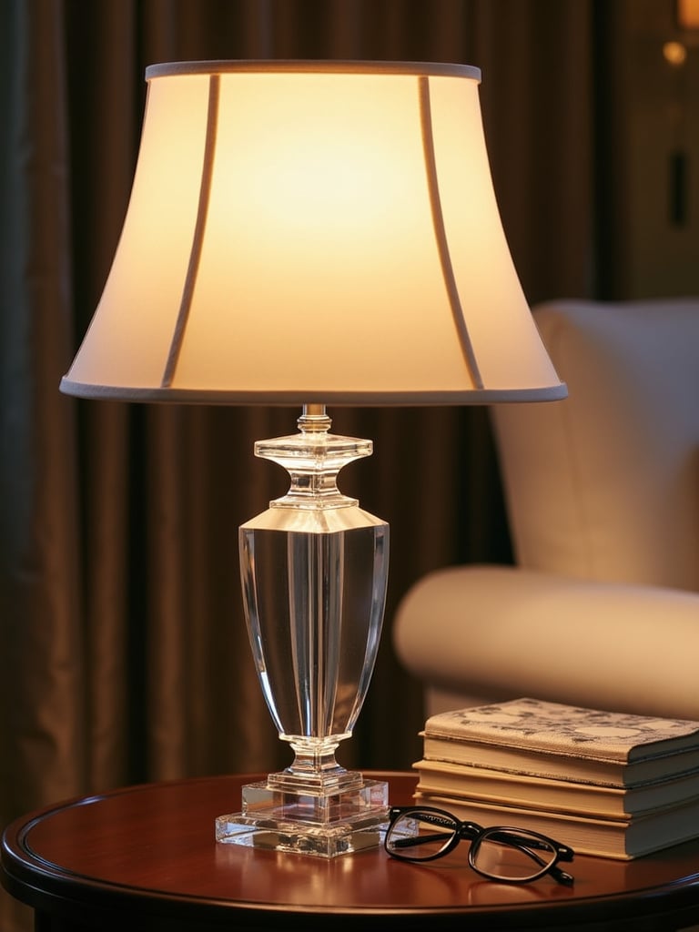 Chic table lamp with a crystal base and silk shade on a luxury living room side table.