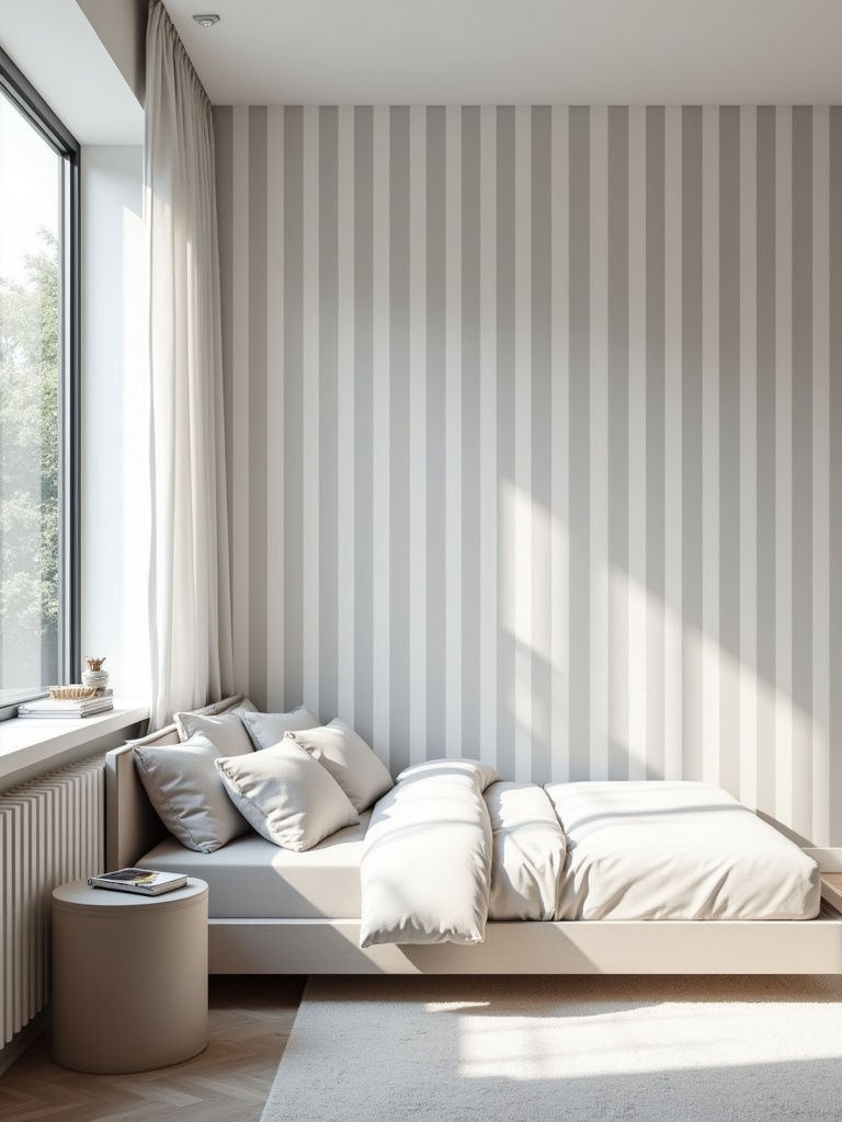 Chic bedroom with light gray and white vertical striped wallpaper and minimalist furniture.