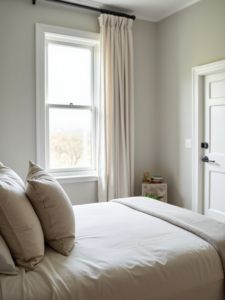 A contemporary bedroom designed with a calming neutral color palette of soft grays and creams, bathed in natural light and featuring textured throw pillows and sheer curtains for added depth.