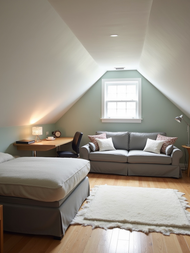 Attic bedroom featuring multifunctional furniture including a storage ottoman and convertible sofa, maximizing utility and space efficiency.