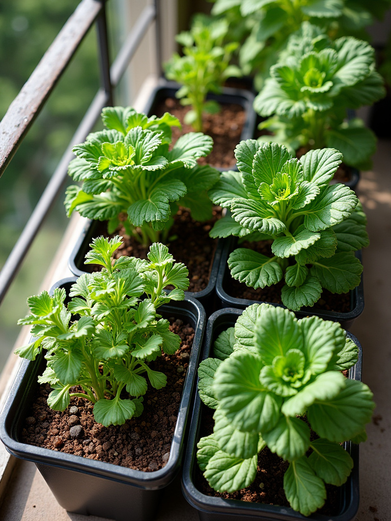 Aerial view of a diverse container garden featuring tomatoes, peppers, herbs, and leafy greens in various sized containers on an urban balcony.