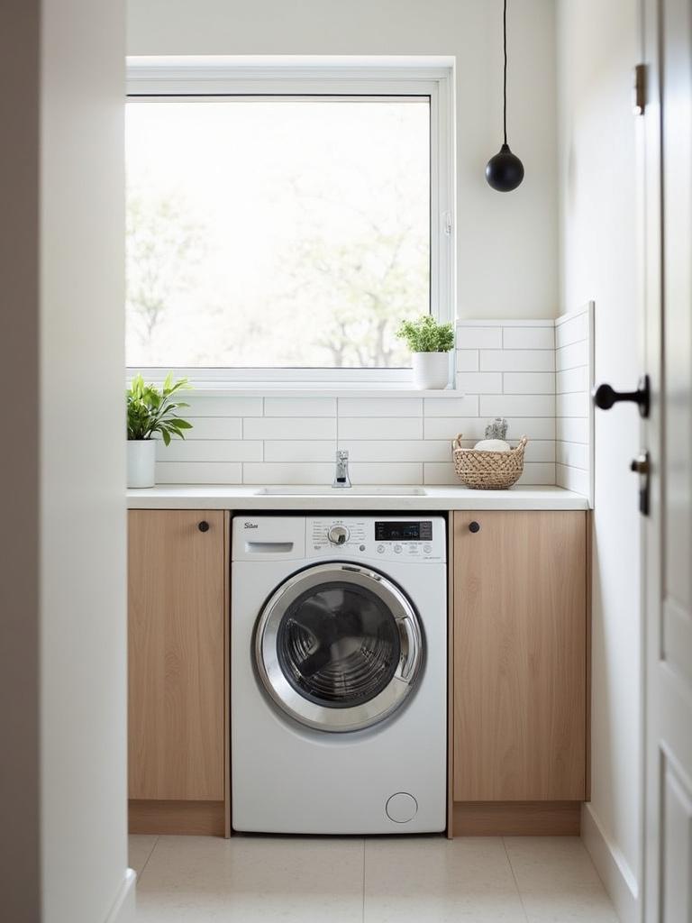 Minimalist Scandinavian laundry bathroom with a white washer-dryer combo unit.