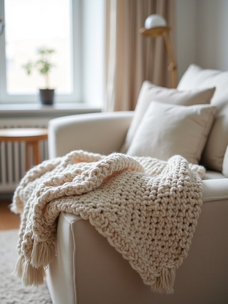 Beige chunky knit throw blanket adding texture and warmth to a Scandinavian-style living room.